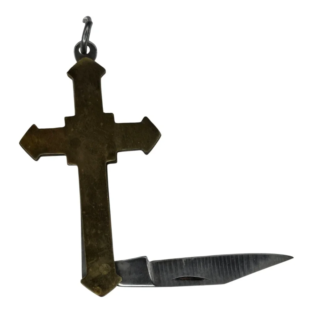 Vintage Pocket Knife Brass OS Gold Cross Pendant Folding Blade Pakistan